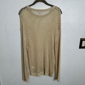 Cream Open Knit Crochet Fishnet Sweater Long Sleeve Boho Mesh Top L Fisherman